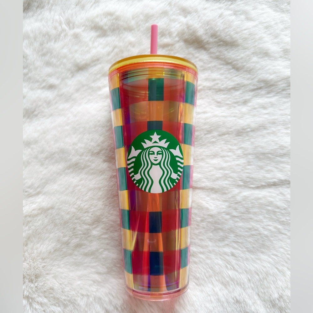 Starbucks Multicolor Checkered Tumbler with Pink Straw